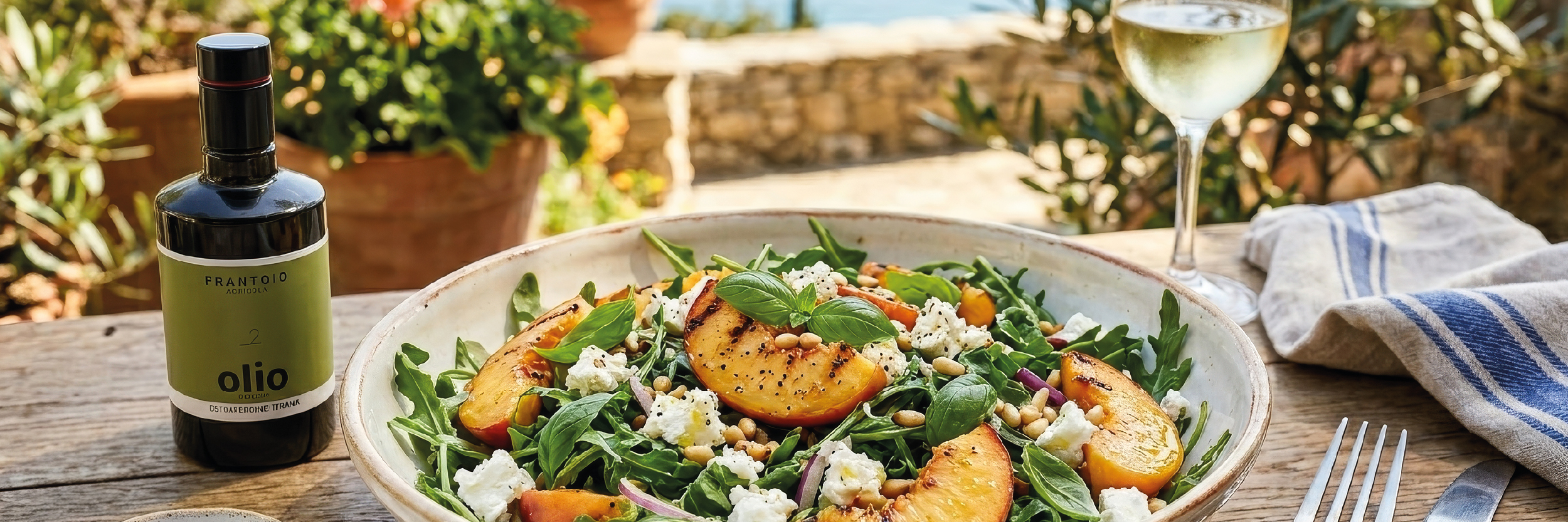 Insalata di pesche, feta e rucola con olio extravergine del Frantoio Porto di Mola